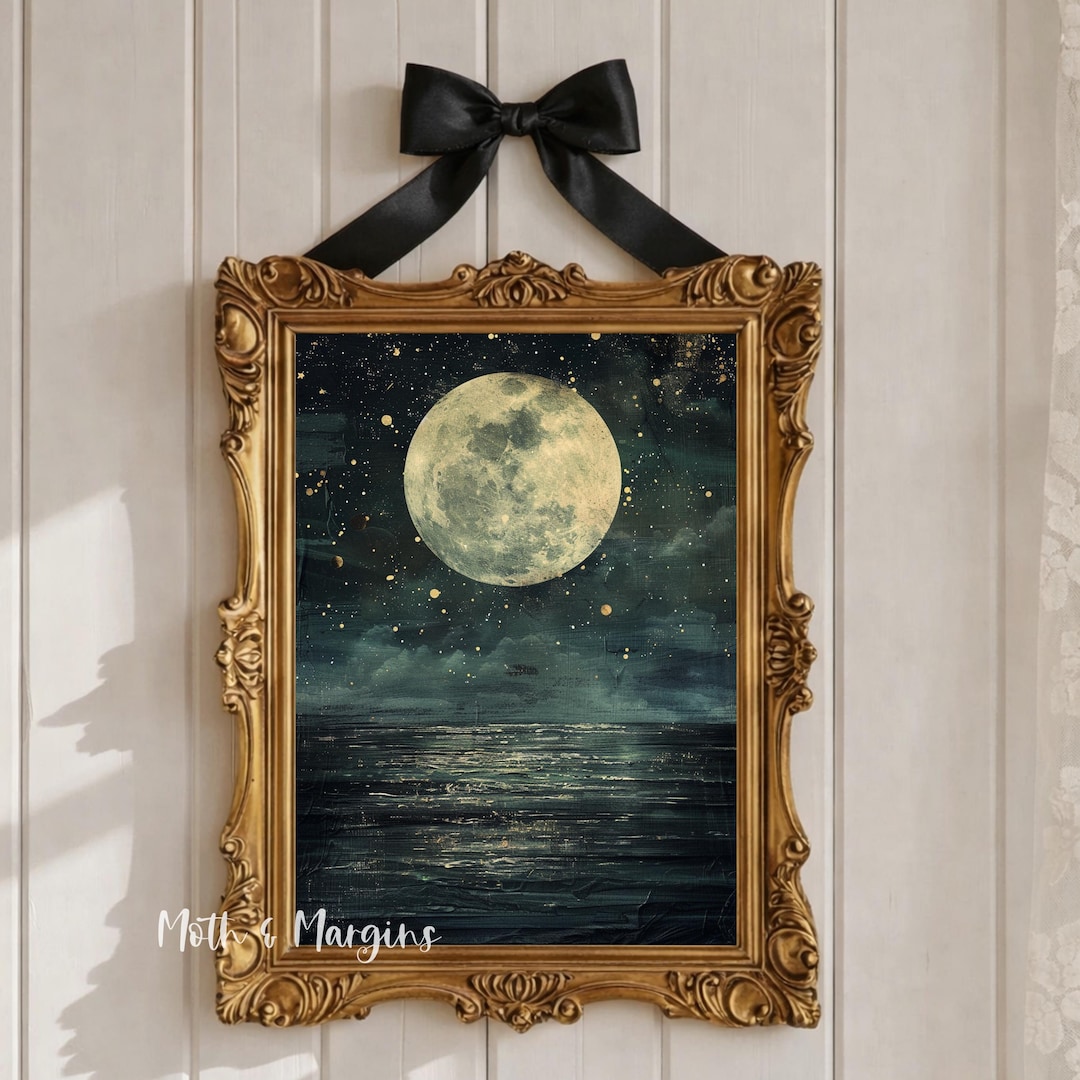 Dark Coastal Moon Wall Art Printable, Moody Ocean Night Sky Print ...