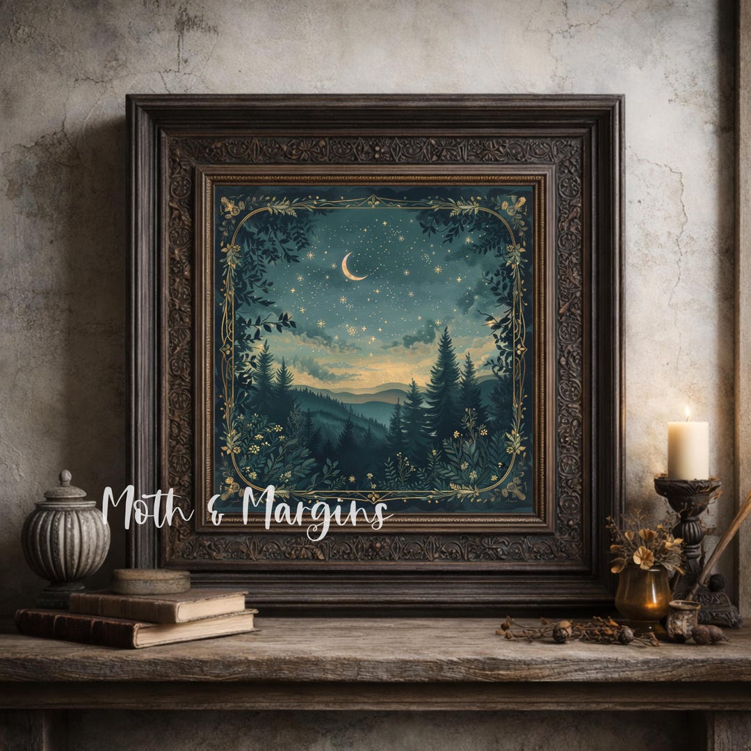 Square Enchanted Forest Night Print, Woodland Crescent Moon Wall Art - Etsy