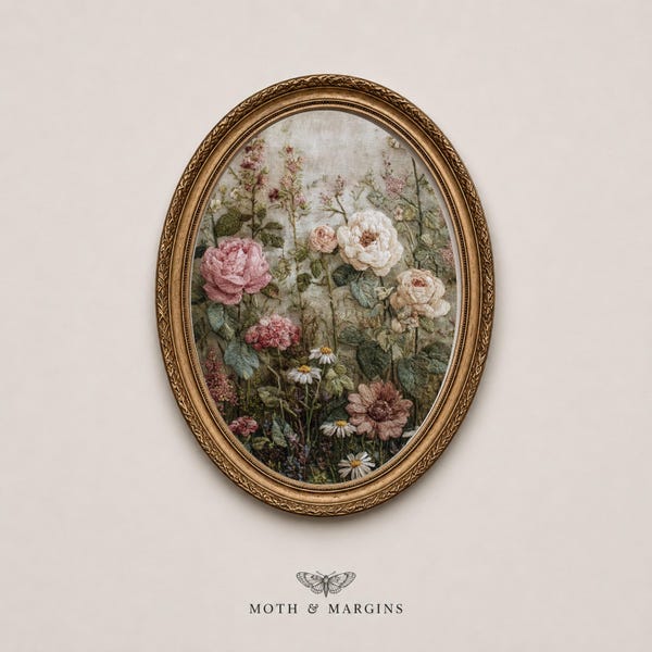 Romantic Floral Embroidery Print | Vintage Cottage Garden Wall Art Download