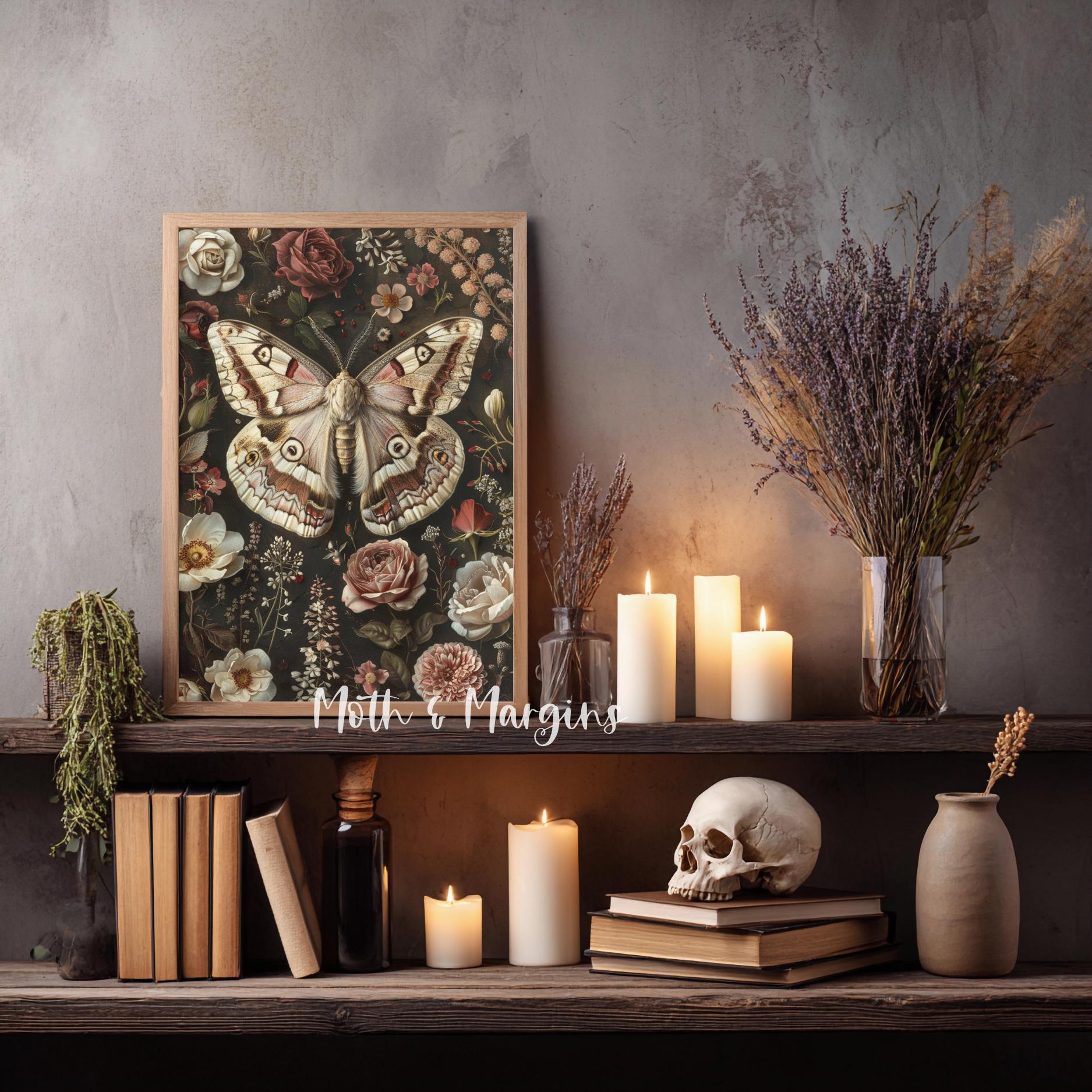 Moth Wall Art Printable Dark Academia Gothic Butterfly Vintage Floral ...