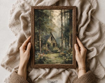 Op de afbeelding: Een rechthoekige lijst met een donkerbruine houtstructuur bevat een verticaal landschapsschilderij van een klein huisje in een dicht, mistig bos met hoge bomen en wilde bloemen. Onder de lijst staat de tekst MOTH & MARGINS gedrukt.