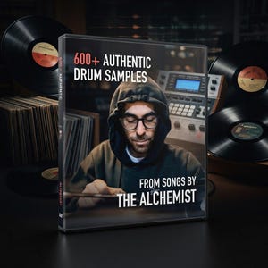 May include: A DVD case with the text "600+ AUTHENTIC DRUM SAMPLES" and "FROM SONGS BY THE ALCHEMIST" features a man wearing glasses and a hoodie. Vinyl records are in the background.