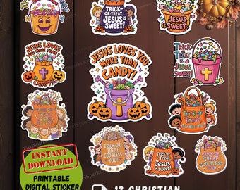 Christian Halloween Sticker Bundle PNG, Jesus Is Sweet PNG, Trunk or Treat Faith Based Clipart, Treat or Trick Printable Goodie Bag Tags,