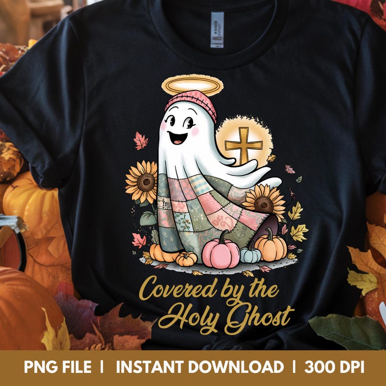 A black t-shirt featuring a faith-inspired ghost design with glowing fall details and a spiritual quote. The vibrant colors pop against the dark fabric, making it ideal for bold and stylish Christian Halloween wear.
