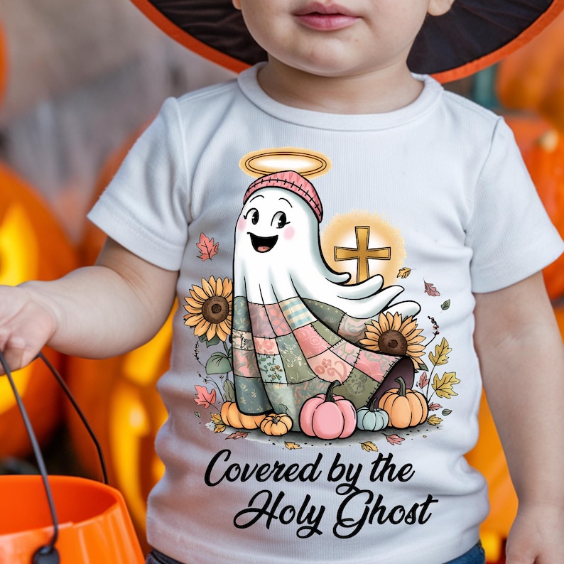 Young boy dressed for trick-or-treating, wearing a shirt printed with a smiling holy ghost and fall-themed faith design. A sweet and non-spooky Halloween look with a Christian message.