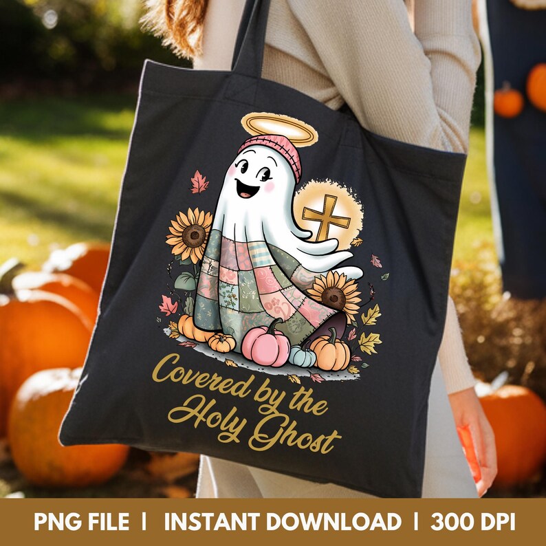 Canvas grey tote bag with a playful Christian ghost design surrounded by soft fall-themed colors. The artwork adds a cozy, faith-filled touch, great for everyday use or church events.