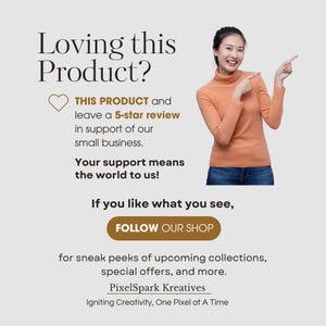 K&ouml;nnte beinhalten: Werbung mit dem Text &bdquo;Lieben Sie dieses Produkt?&ldquo; und einer Frau, die zeigt. Der Text ermutigt zu einer 5-Sterne-Bewertung und zum Folgen des Shops f&uuml;r Updates. Der Shop-Name ist PixelSpark Kreatives.