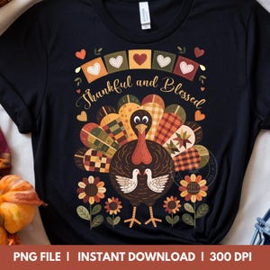 Gequilteter Truthahn PNG, Dankbar & Gesegnet Clipart, Thanksgiving Patchwork Design (digitaler Download)