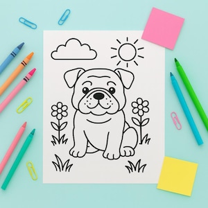 May include: A black and white line drawing of a bulldog puppy sitting in a field with flowers, a sun, and a cloud. Colored pencils, paper clips, and sticky notes surround the drawing on a light blue surface.