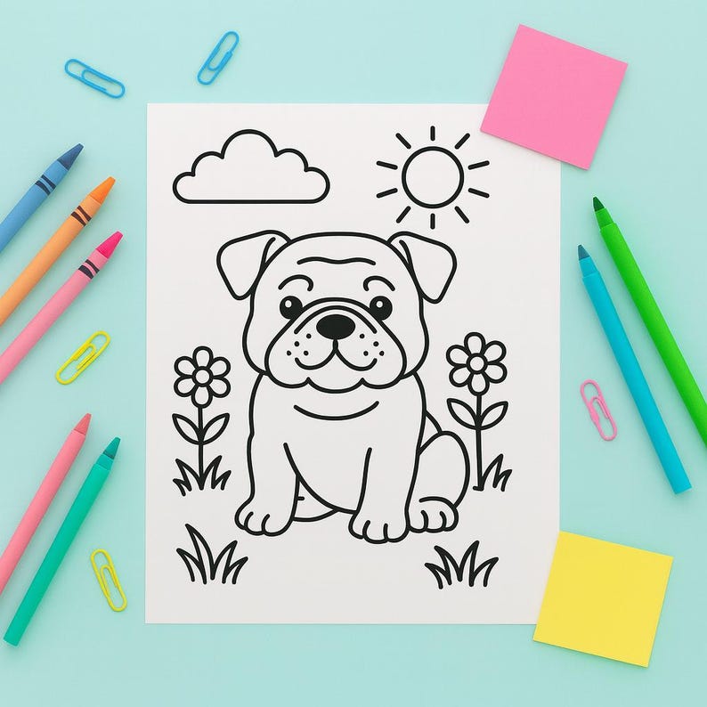 May include: A black and white line drawing of a bulldog puppy sitting in a field with flowers, a sun, and a cloud. Colored pencils, paper clips, and sticky notes surround the drawing on a light blue surface.