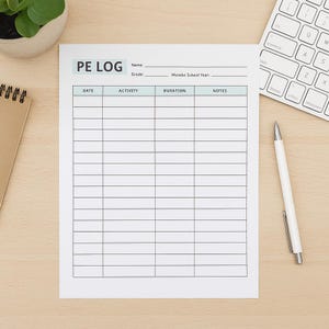 May include: A white PE Log sheet with a light blue header and grid lines. The sheet includes fields for date, activity, duration, and notes. A white pen and a computer keyboard are on the right. A small plant and a notebook are on the left.