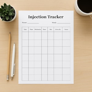 May include: A white Injection Tracker sheet with a grid for tracking injections. The sheet includes sections for date, time, medication, dose, site, and notes. A pencil, pen, succulent, and coffee cup are on the wooden surface.