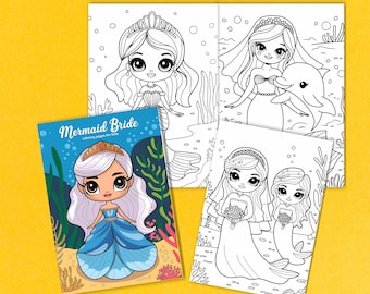 Afdrukbare zeemeerminkleurplaten voor kinderen - schattige kawaii zeemeerminbruid - gemakkelijke en eenvoudige kleurplaten voor meisjes - directe pdf-download