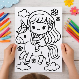 Unicorn Girl Coloring Pages: Easy and Simple Designs for Kids, Instant PDF Download