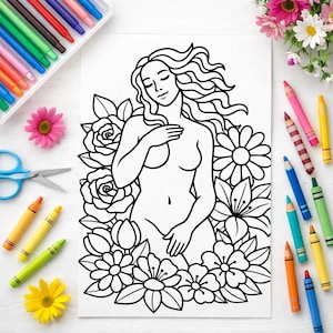 May include: A black and white line drawing of a nude figure amidst flowers. The artwork is on white paper, with crayons, scissors, and flowers arranged around it. The figure has long flowing hair and is touching their chest.