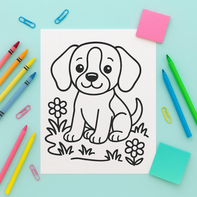 May include: A black and white line drawing of a puppy sitting in grass with flowers. The drawing is on a white sheet of paper, surrounded by colorful crayons, paper clips, and sticky notes on a light blue surface.