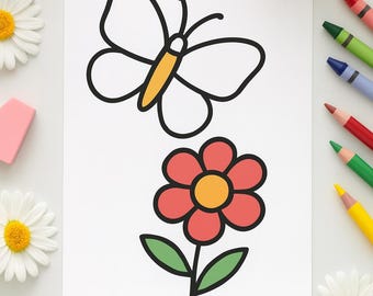 Pagine da colorare con farfalle e fiori per bambini piccoli: download immediato del PDF