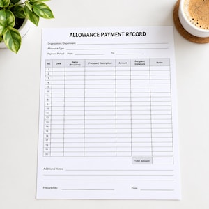 Peut inclure: Une feuille de papier blanche intitulée Allowance Payment Record avec du texte et des lignes noires. Le document comprend des champs pour l'organisation, le type d'allocation, la période de paiement et un tableau numéroté avec des colonnes.