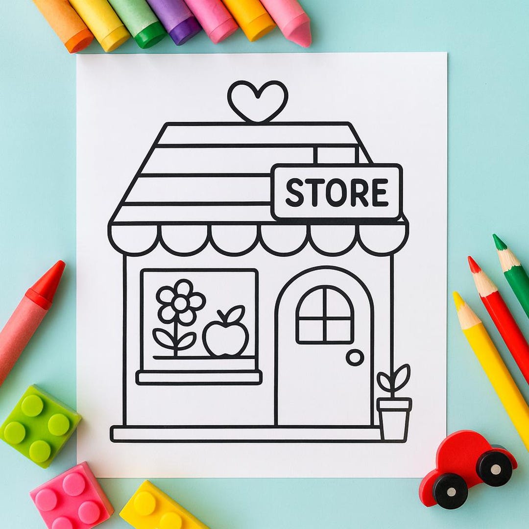 Cute Storefront Coloring Pages for Kids 3+, Bold and Easy Shop Designs ...