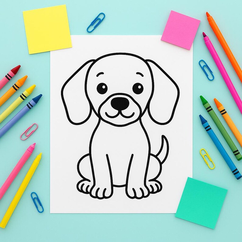May include: A black and white line drawing of a puppy sitting on a white sheet of paper. The drawing is surrounded by colorful crayons, sticky notes, and paper clips on a light blue surface.