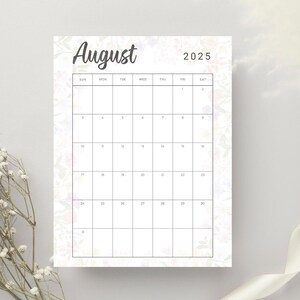 Calendar August 2025 Monthly Planner |  Printable August 2025 Calendar with Floral Background | Instant PDF Download