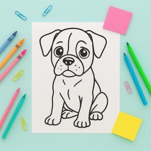 May include: A black and white line drawing of a pug dog on white paper. The drawing is surrounded by colorful crayons, markers, paper clips, and sticky notes on a light blue background. The pug is sitting and looking forward.