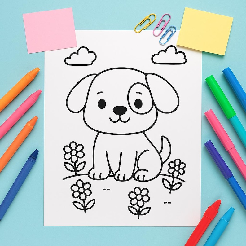 May include: A black and white line drawing of a cartoon puppy with a spot over one eye, sitting among flowers and clouds. Crayons, paper clips, and sticky notes surround the drawing on a light blue surface.
