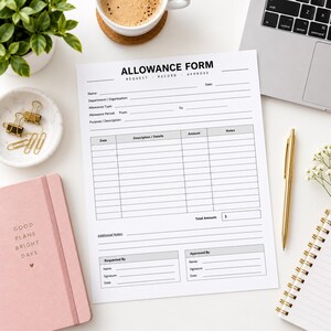 May include: A white paper allowance form with black text titled ALLOWANCE FORM REQUEST RECORD APPROVE. The document includes fields for name, department, allowance type, period, purpose, and a table for date, description, amount, and notes.