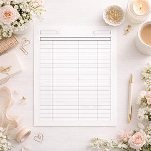 Könnte beinhalten: Ein leeres weißes Papier mit einem Raster aus Linien, umgeben von dekorativen Elementen. Die Szene umfasst einen Stift, eine Tasse Kaffee, Blumen, Kerzen und Schreibwaren wie Büroklammern und Schleifen, alles auf einer weißen Oberfläche angeordnet.
