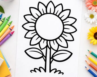 May include: Black and white line drawing of a sunflower on white paper. The sunflower has a large, round center and many petals. Crayons and colored pencils are scattered around the drawing, suggesting it is a coloring page.