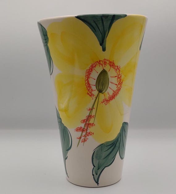 Vintage MCM Portuguese Hand-painted Yellow Floral Vase - Jomaze