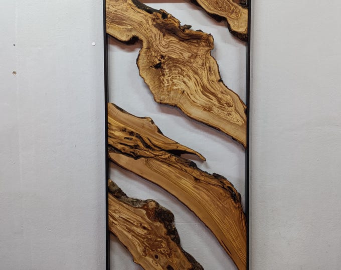 Live Edge Olive Wood Wall Art, Olive Wood Wall Art with Metal Frame, Handmade Natural Wall Art, Rustic Modern Wall Decor, Wall Art