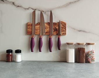 Magnetic Knife Rack, Made of Order Olive Wooden Knife Holder, Live Edge Wood Knife Bar, Storage For Wall, Knife Rack, Chef's knife organizer