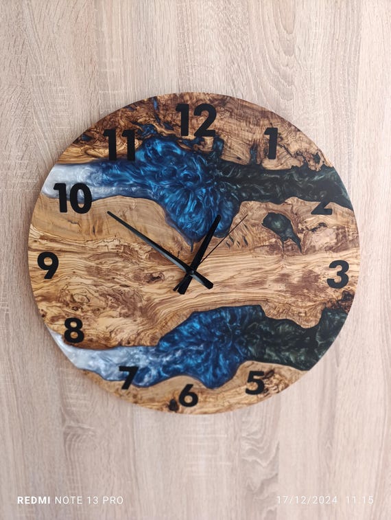 Handmade Olive Wood Resin Wall Clock, Modern Home Decor