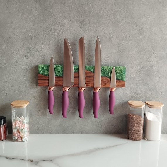 Custom Walnut Wood Magnetic Knife Holder, Resin Knife Rack