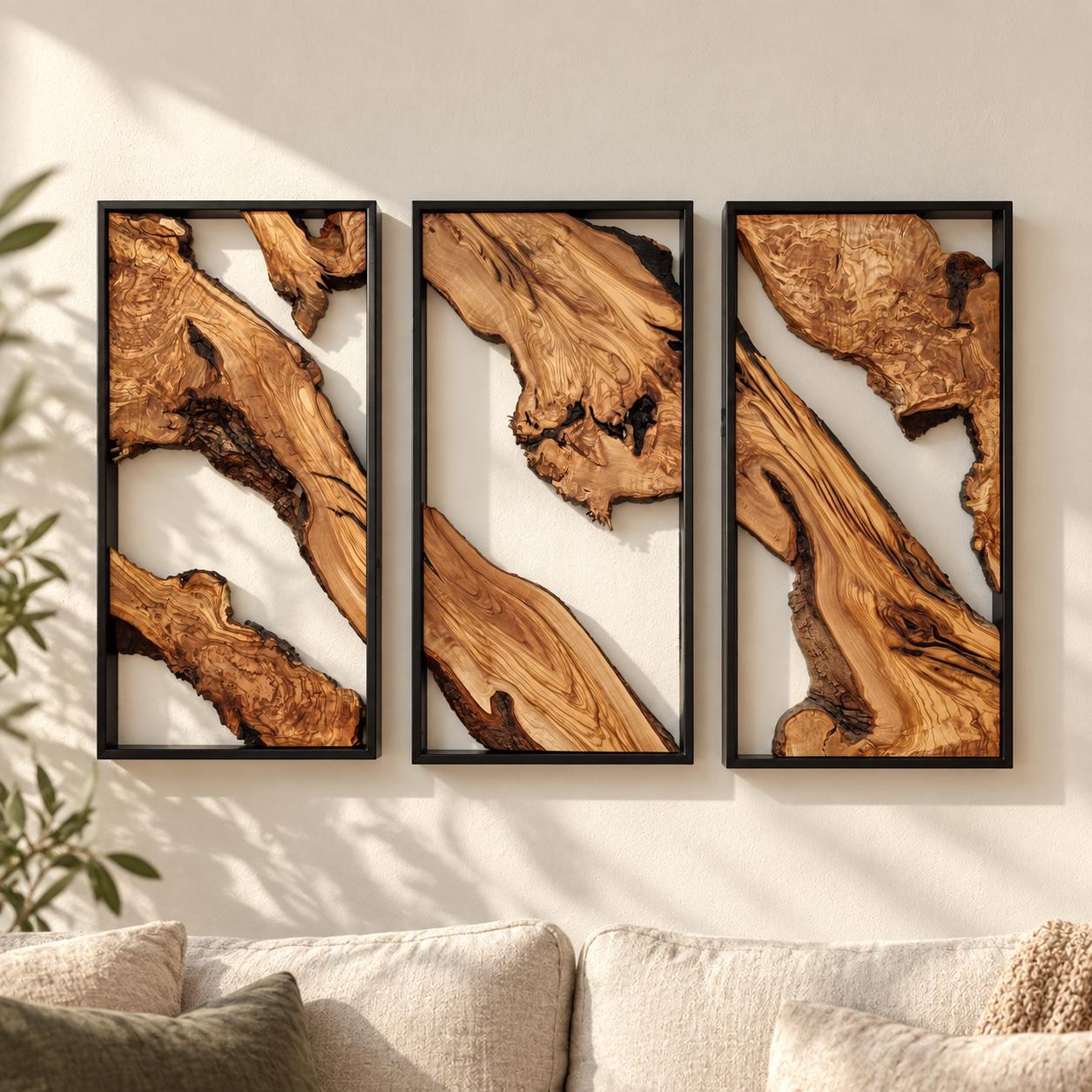 Olive Wood Wall Art Set of 3, Live Edge Panels With Black Metal
