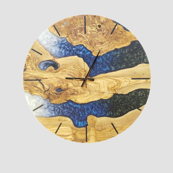 Handmade Olive Wood Resin Wall Clock, Modern Home Decor