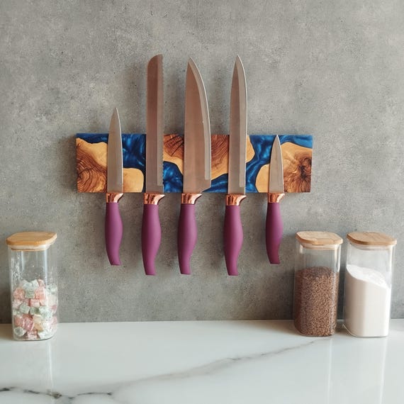 Custom Resin Olive Wood,Magnetic Knife Holder,Magnetic Knife Rack,Resin and Wood Knife Strip,Housewarming Gift,Olive Wooden Knife Storage