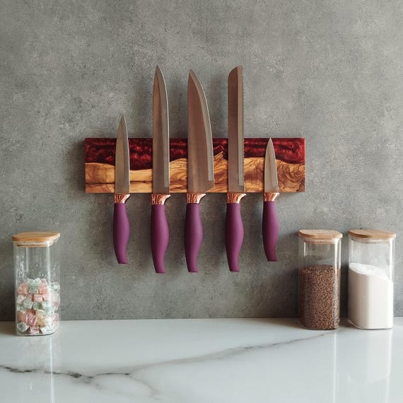 Custom Resin Olive Wood,Magnetic Knife Holder,Magnetic Knife Rack,Resin and Wood Knife Strip,Housewarming Gift,Olive Wooden Knife Storage