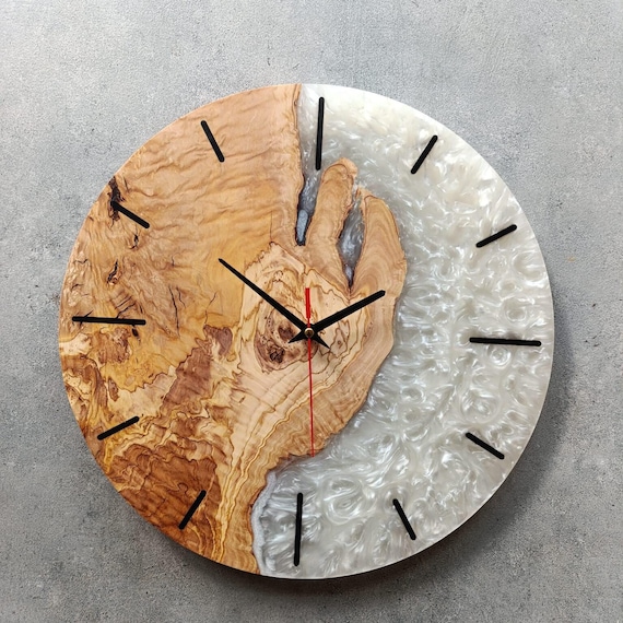 Handmade Olive Wood Resin Wall Clock, Modern Home Decor