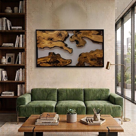 Live Edge Olive Wood Wall Art, Olive Wood Wall Art with Metal Frame, Handmade Natural Wall Art, Rustic Modern Wall Decor, Wall Art