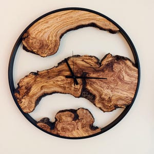 Custom Made Metal & Olive Wood Wall Clock, Wooden Wall Clock, Rustic Wall Clock, Unique Gift, Metal Clock, Home Gift,Live Edge Wall Clock