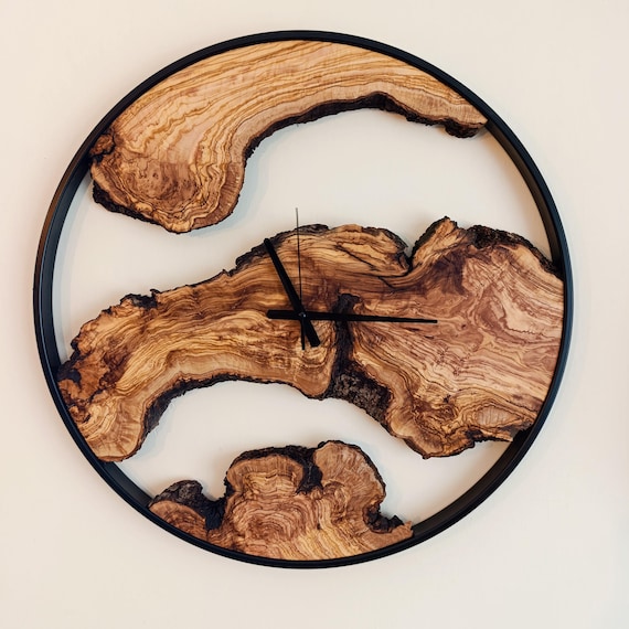 Custom Made Metal & Olive Wood Wall Clock, Wooden Wall Clock, Rustic Wall Clock, Unique Gift, Metal Clock, Home Gift,Live Edge Wall Clock