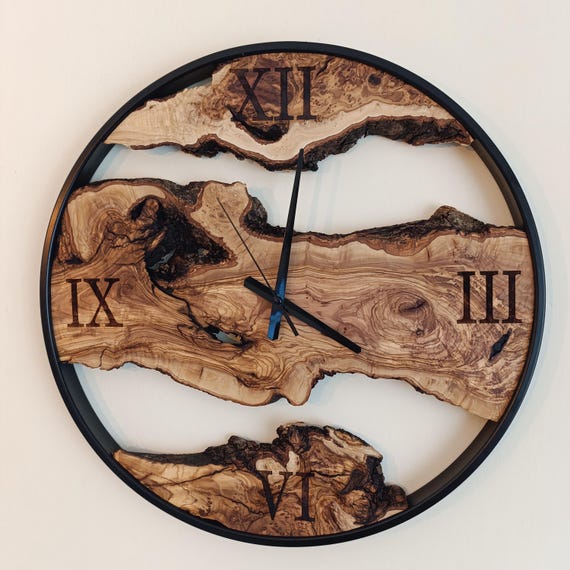Custom Made Metal & Olive Wood Wall Clock, Wooden Wall Clock, Rustic Wall Clock, Unique Gift, Metal Clock, Home Gift,Live Edge Wall Clock