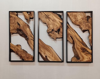 Set of 3 Metal and Wooden Wall Art, Olive Wood Wall Decor, Wood Wall Art, Rustic Wall Art, Live Edge Wood Decor, Modern Wall Art, Home Gift