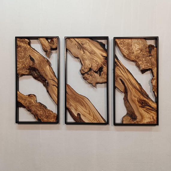 Set of 3 Metal and Wooden Wall Art, Olive Wood Wall Decor, Wood Wall Art, Rustic Wall Art, Live Edge Wood Decor, Modern Wall Art, Home Gift