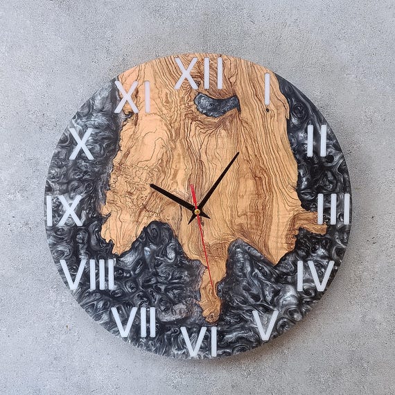 Handmade Olive Wood Resin Wall Clock, Modern Home Decor
