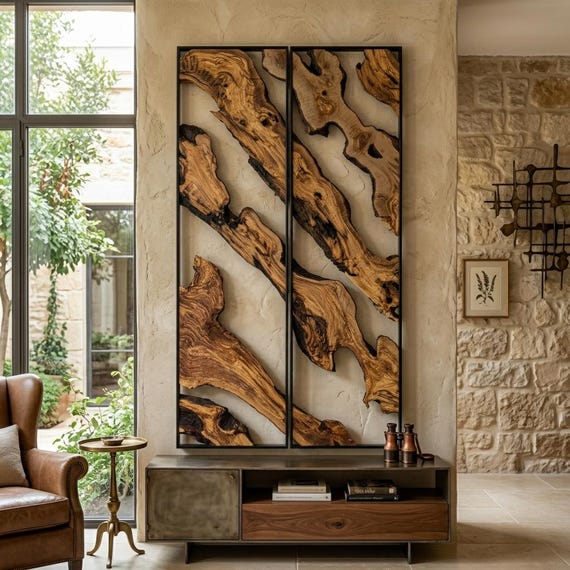 Live Edge Olive Wood Wall Art, Olive Wood Wall Art with Metal Frame, Handmade Natural Wall Art, Rustic Modern Wall Decor, Wall Art