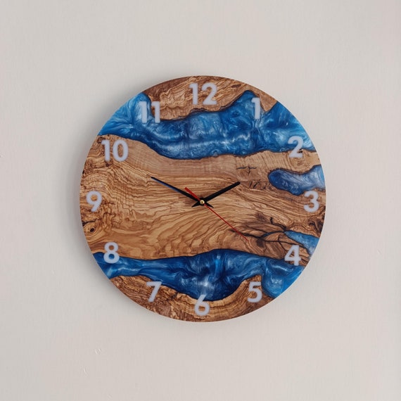 Handmade Olive Wood Resin Wall Clock, Modern Home Decor