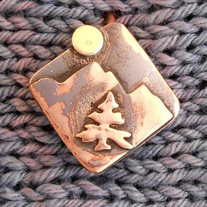 Shawl pin copper with Mountains, Fir Tree, and Moon
